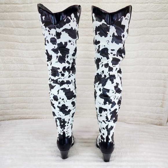 Western White & Black Cow Print OTK Thigh High Slouch Cowboy Boots - Picture 7 of 13